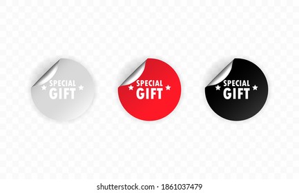 Special gift icon. Sticker set. Discount vector. Special gift labels set. Black, red and white round circle tags. Sale tags badges template. Discount promotion. Vector illustration. EPS10