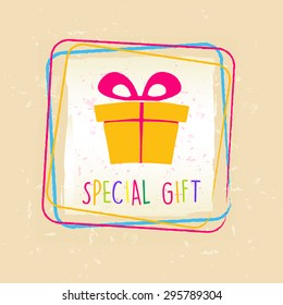 special gift with present box sign in frame over beige old paper background, holiday concept, vector