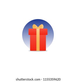Special gift, red box with yellow ribbon and stars, best present idea concept, creative perfect gift, surprise box package, reward icon, vector flat illustration