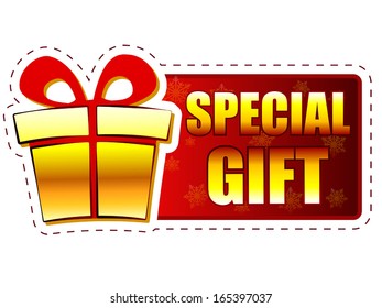 special gift - text and present box sign on red christmas banner with snowflakes, business holiday concept, vector