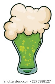 Special green and bubbly beer served in a pilsner glass with foam to celebrate Saint Patrick's Day. Design in cartoon style.