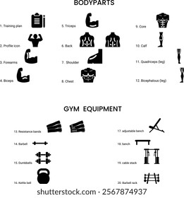 Special Gym icons,  Gym Equipment icons, Body parts icons