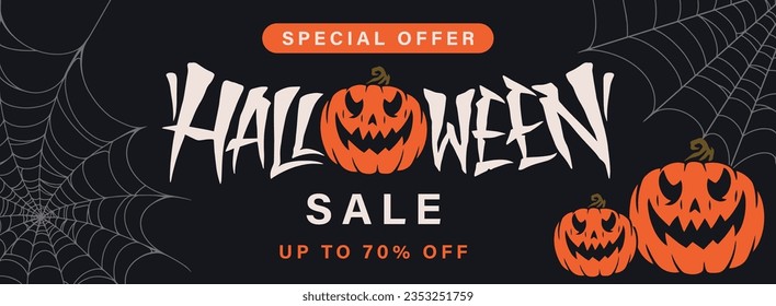 Special Halloween sale banner colorful with orange traditional pumpkins and cobwebs to advertise october marketing promotion vector illustration