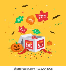 Special Halloween sale symbol with gift, flying colorful leaves, confetti and bats isolated on yellow background. Easy to use for your design with transparent shadows.