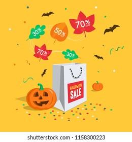 Special Halloween sale symbol with shopping bag, flying colorful leaves, confetti and bats isolated on yellow background. Easy to use for your design with transparent shadows.