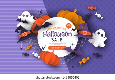 Special Halloween Sale Template, Autumn Season Papercut Craft Decoration With Discount Promotion Message. Online Business Banner For Fall Seasonal Offer. Includes Cute Ghost, Pumpkin, Bat, Candy.