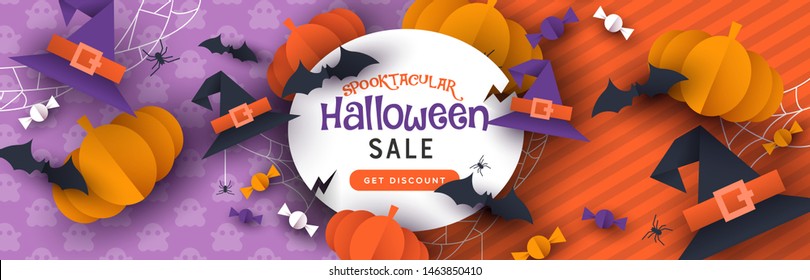 Special Halloween sale template, autumn season papercut craft decoration with discount promotion message. Online business banner for fall seasonal offer. Includes cute ghost, pumpkin, bat, candy.