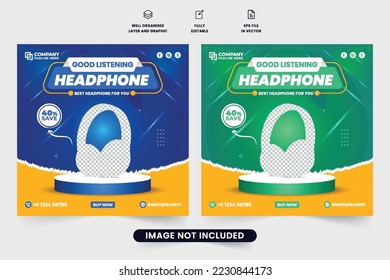 Special headphone promotional web banner design with abstract shapes and lens flare. Headphone business advertisement poster design with blue and green colors. Headphone brand promotion template.