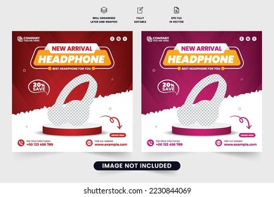 Special headphone sale discount offer template with red and purple colors. Headphone promotional web banner design with abstract shapes. Modern headphone advertisement social media post vector.