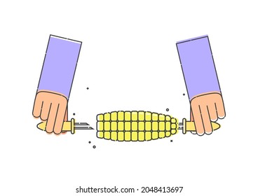 Special holder fork in human hands. Installation of two forks in yellow corn cob on white background. Flat style illustration for any design. Healthy supply. Isolated object. Organic vegetarian food.
