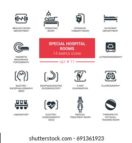 Special hospital rooms - set of vector pictograms. Operating, intensive therapy, medical treatment, training, resuscitation, in-patient, MRT, sonogram, ECG, EEG, EGD, x-ray, fluorography, laboratory