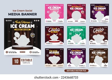 Special ice cream discount offer template collection for digital marketing. Ice cream and dessert social media post set vector with dark and green colors. Ice cream business template bundle design.