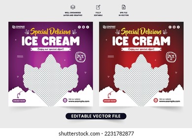 Special ice cream offer template with abstract shapes. Sweet and delicious ice cream promotional poster design for marketing. Tasty dessert social media web banner vector with purple and maroon colors
