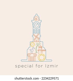 Special icon series for Izmir. Line collage izmir related to Historical places, Alacatı Windmill, flamingo, sea, snail, Historical Elevator, bagel, in Clock Tower line.