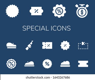 special icon set. 14 filled special icons. Included Coupon, Discount, Sale time, Beret, Rifle icons