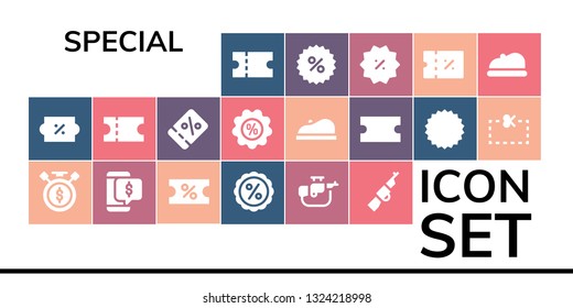 special icon set. 19 filled special icons.  Simple modern icons about  - Coupon, Discount, Sale time, Rifle, Beret
