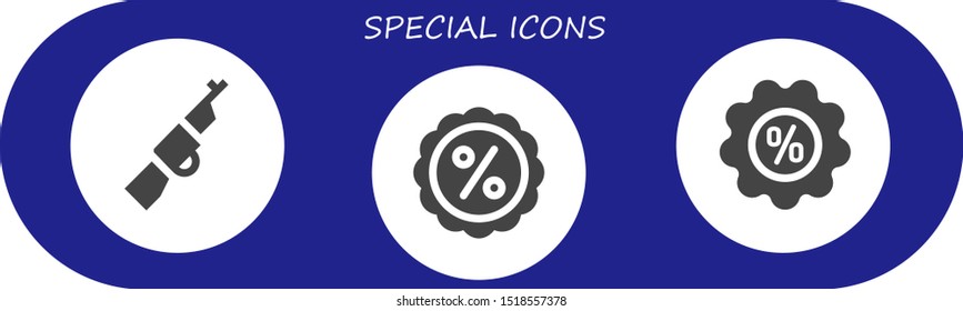 special icon set. 3 filled special icons.  Collection Of - Rifle, Discount icons