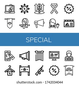 conjunto de iconos especiales. Colección de descuentos, cartel, venta de verano, cinta de opciones, promoción, vendedor, rifle asalto, iconos de soldados