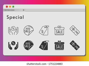 special icon set. included gift, sale, price tag, discount icons on white background. linear, filled styles.