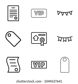 Special icons. set of 9 editable outline special icons such as vip, tag, party flag, bill of house sell
