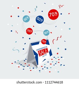 Special independence day sale symbol with calendar and flying confetti isolated on light background. Easy to use for your design with transparent shadows.