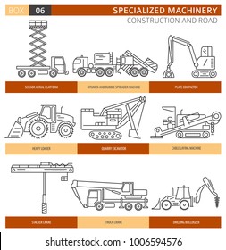 Special industrial construction and road machine linear vector icon set isolated on white. Illustration
