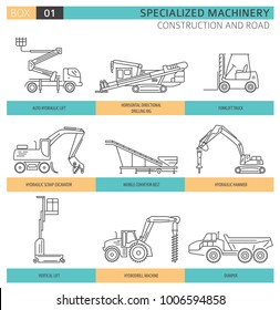 Special industrial construction and road machine linear vector icon set isolated on white. Illustration