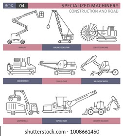 Special industrial construction and road machine linear vector icon set isolated on white. Illustration