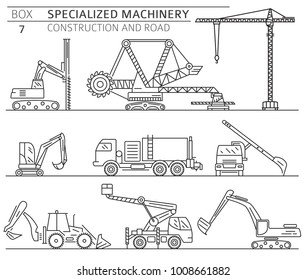 Special industrial construction and road machine linear vector icon set isolated on white. Illustration