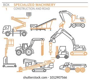 Special industrial construction and road machine, linear vector icon set isolated on white. Illustration