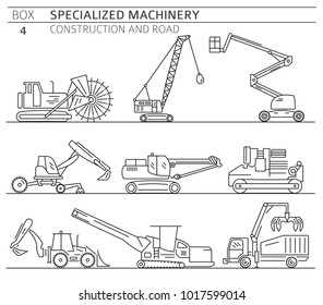 Special industrial construction and road machine linear vector icon set isolated on white. Illustration