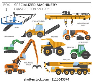 Special industrial construction and road machine coloured vector icon set isolated on white. Illustration