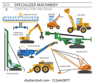 Special industrial construction and road machine coloured vector icon set isolated on white. Illustration