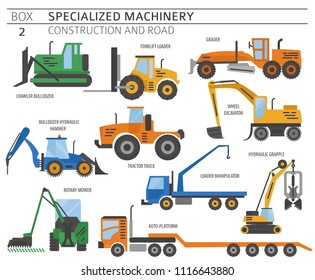 Special industrial construction and road machine coloured vector icon set isolated on white. Illustration