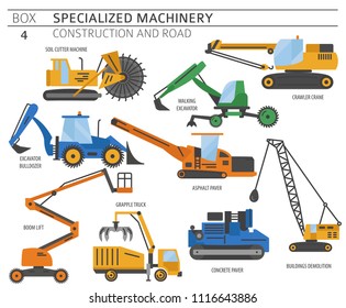 Special industrial construction and road machine coloured vector icon set isolated on white. Illustration