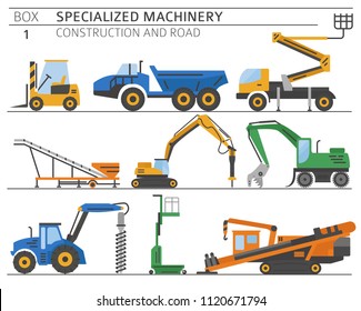 Special industrial construction and road machine coloured vector icon set isolated on white. Illustration