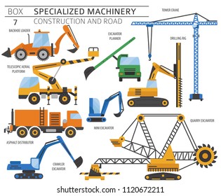 Special industrial construction and road machine coloured vector icon set isolated on white. Illustration