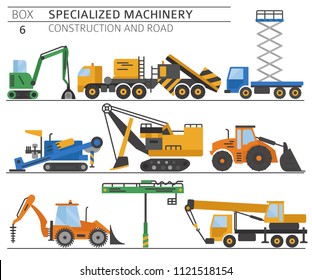 Special industrial construction and road machine coloured vector icon set isolated on white. Illustration