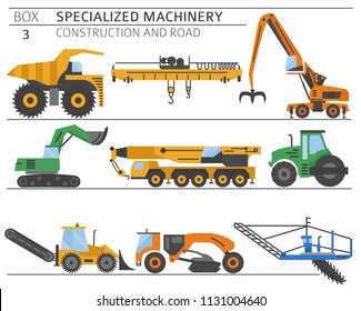 Special industrial construction and road machine coloured vector icon set isolated on white. Illustration