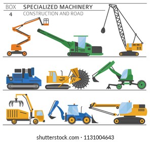 Special industrial construction and road machine coloured vector icon set isolated on white. Illustration