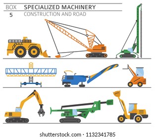 Special industrial construction and road machine coloured vector icon set isolated on white. Illustration