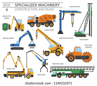 Special industrial construction and road machine coloured vector icon set isolated on white. Illustration