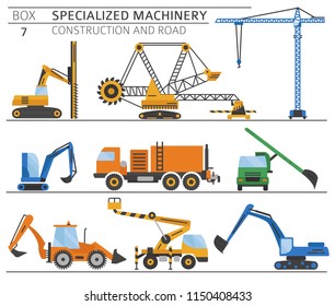 Special industrial construction and road machine coloured vector icon set isolated on white. Illustration