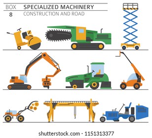 Special industrial construction and road machine coloured vector icon set isolated on white. Illustration