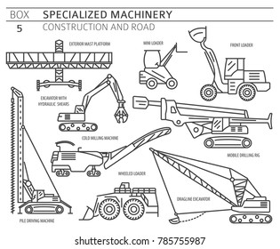 Special industrial construction and road machine linear vector icon set isolated on white. Illustration