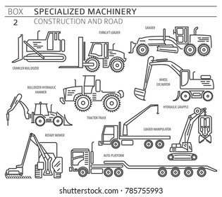 Special industrial construction and road machine linear vector icon set isolated on white. Illustration