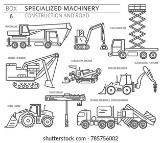 Special industrial construction and road machine linear vector icon set isolated on white. Illustration