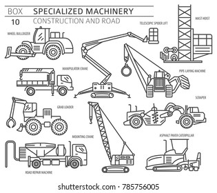 Special industrial construction and road machine linear vector icon set isolated on white. Illustration