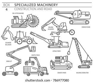 Special industrial construction and road machine linear vector icon set isolated on white. Illustration