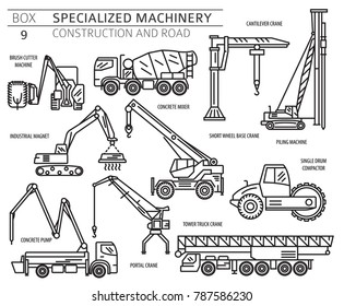 Special industrial construction and road machine linear vector icon set isolated on white. Illustration